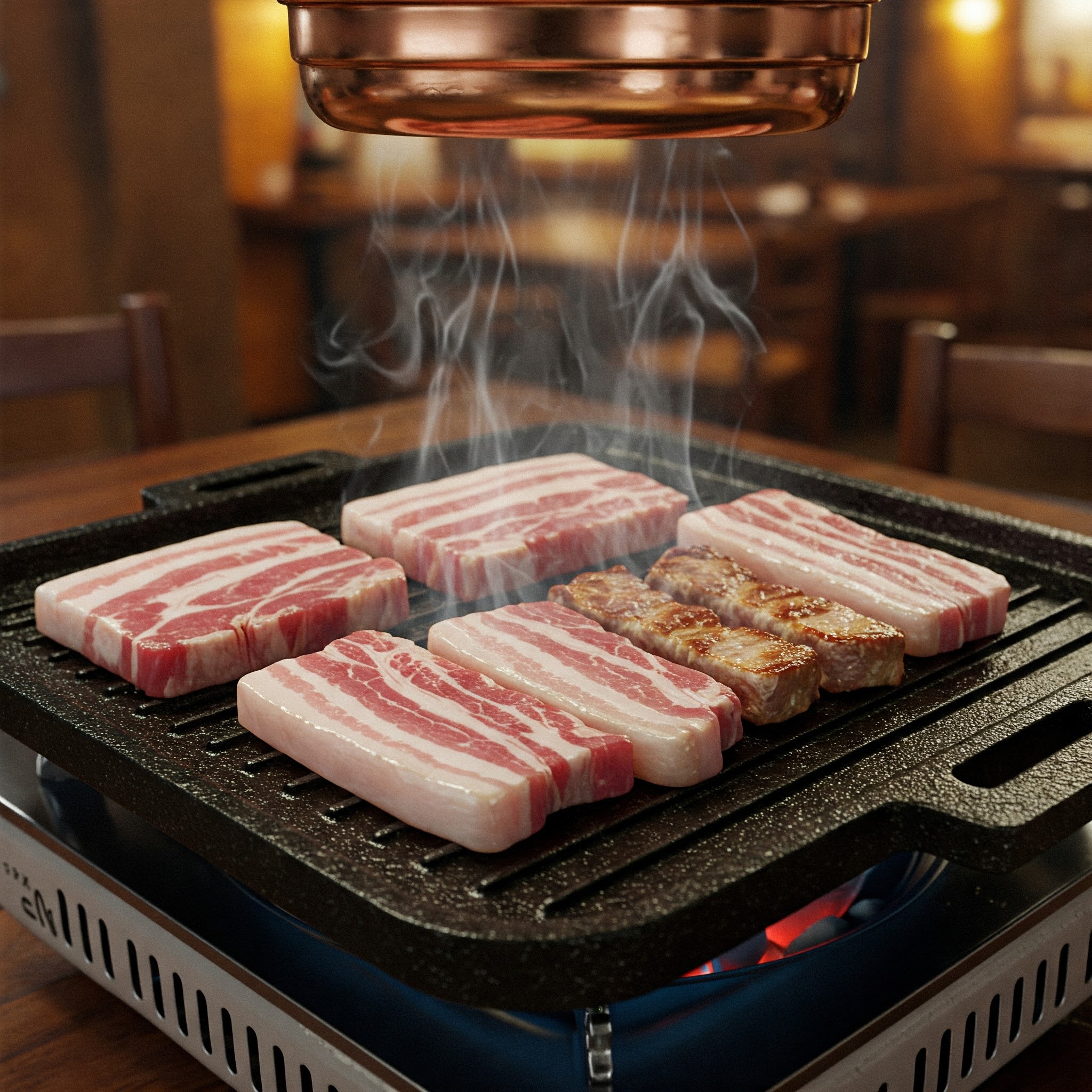 식당에서 그릴에 삼겹살이 구워지고 있는 이미지