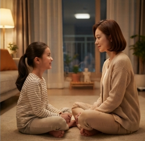 저녁 시간, 부모와 아이가 마주 앉아 이야기 나누는 모습