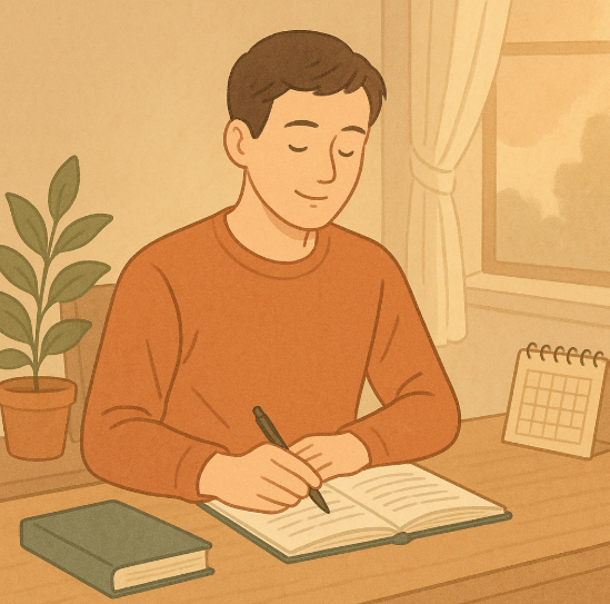 책상 위에서 공책에 계획을 정리하며 시간을 관리하는 사람 모습 사진