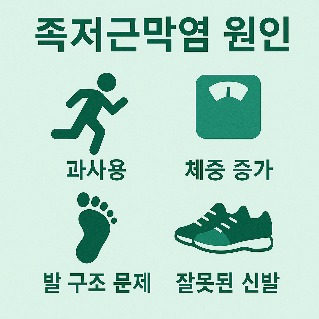 족저근막염의 원인으로 과도한 발 사용, 체중 증가, 발 구조 문제, 잘못된 신발 착용 등이 있으며 이로 인해 발바닥 통증이 발생할 수 있음을 설명하는 인포그래픽입니다.