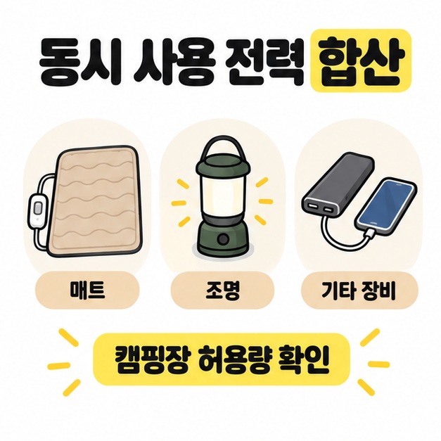 매트와 캠핑 조명, 휴대전화를 충전하는 보조배터리 그림을 매트 및 조명과 기타 장비로 묶고 캠핑장 허용량 확인을 안내하는 카드