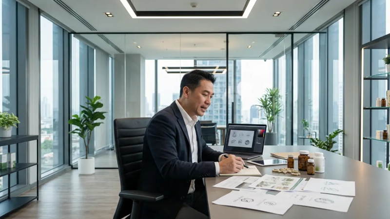 중장년이 건강식품 브랜드를 기획하며 전략을 세우는 모습, 창업 준비하는 진지한 표정의 인물들