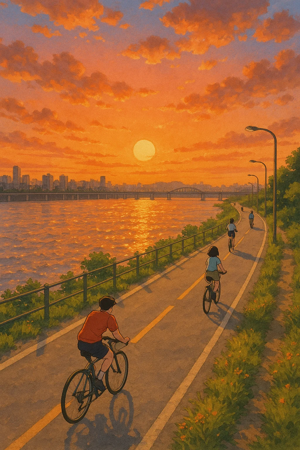 지브리 스타일로 표현한 한강변 자전거 도로, 석양이 붉게 물든 하늘 아래에서 달리는 사람들, 반짝이는 강물과 따뜻한 노을빛이 어우러진 여유로운 풍경