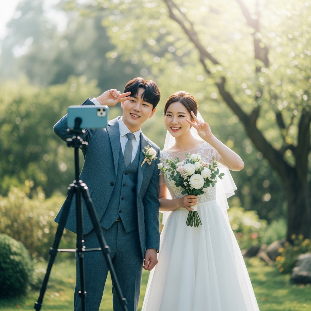 2026년 결혼을 준비하는 행복한 한국인 커플이 푸른 정원에서 삼각대를 세워놓고 직접 웨딩 스냅을 촬영하는 모습. 밝고 자연스러운 미소가 돋보입니다.