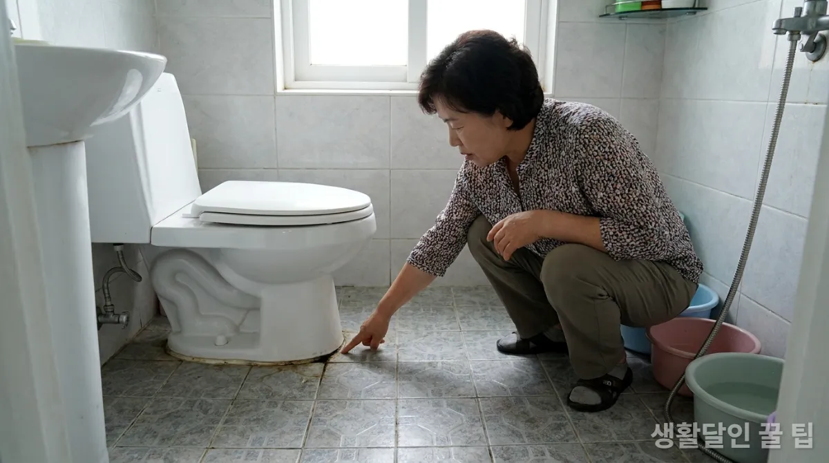 변기와 바닥 틈새의 숨겨진 냄새 원인을 가리키는 여성
