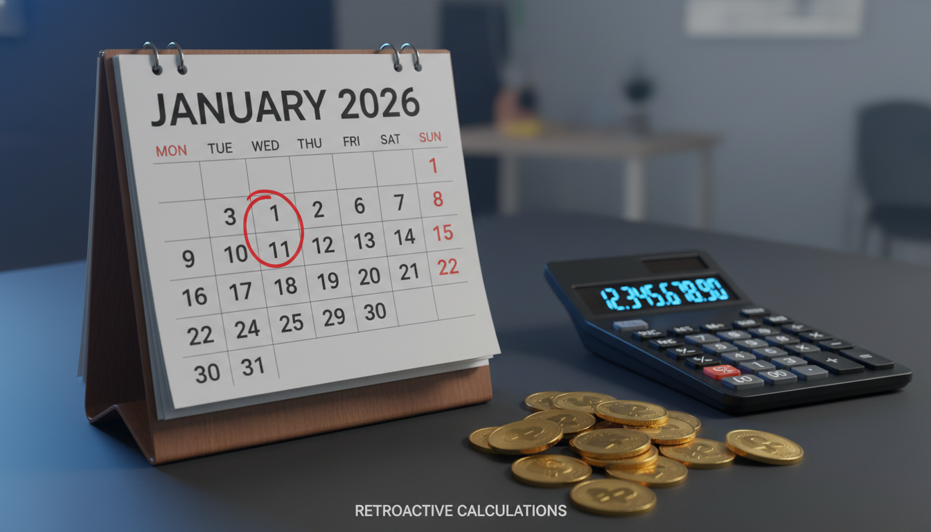 2026년 1월 1일 소급 적용 기준일을 강조한 달력과 계산기