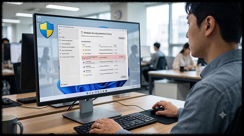 Windows 보안 보호 기록에서 차단된 프로그램을 확인하는 모습