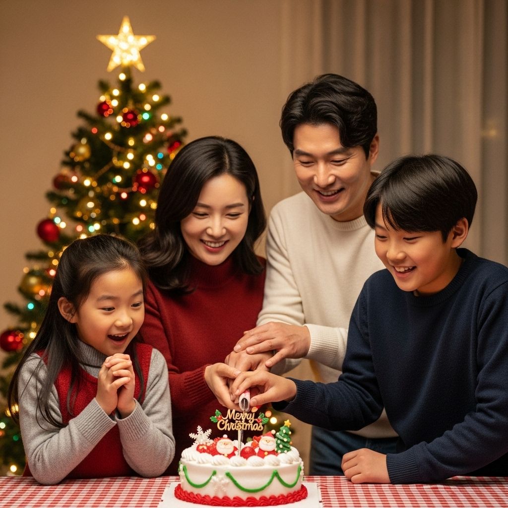 노티드 크리스마스케이크 사전예약 케이크를 가족이 함께 자르는 모습
