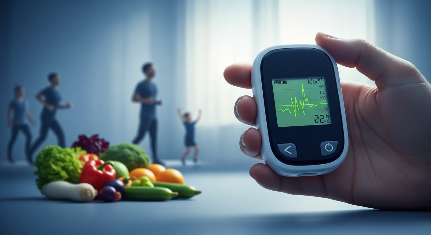 2025년 당뇨 위험도를 확인하는 혈당 측정기와 건강한 식단, 운동을 상징하는 밝은 이미지