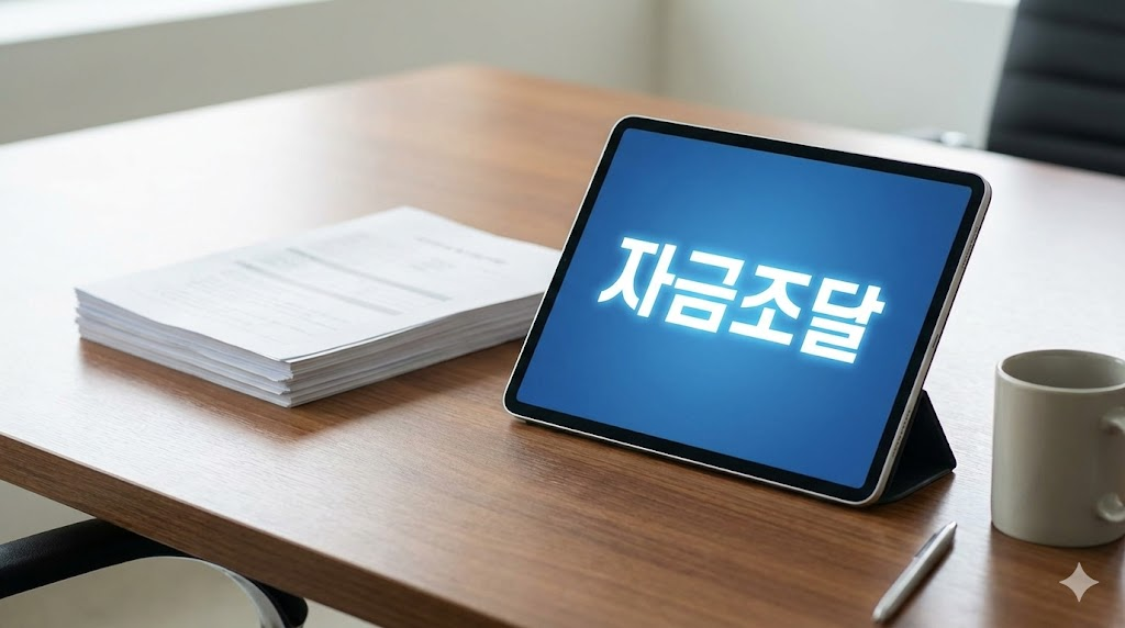 체계적인 자금조달 계획을 시각화한 미니멀한 사무 공간과 디지털 문서화 이미지