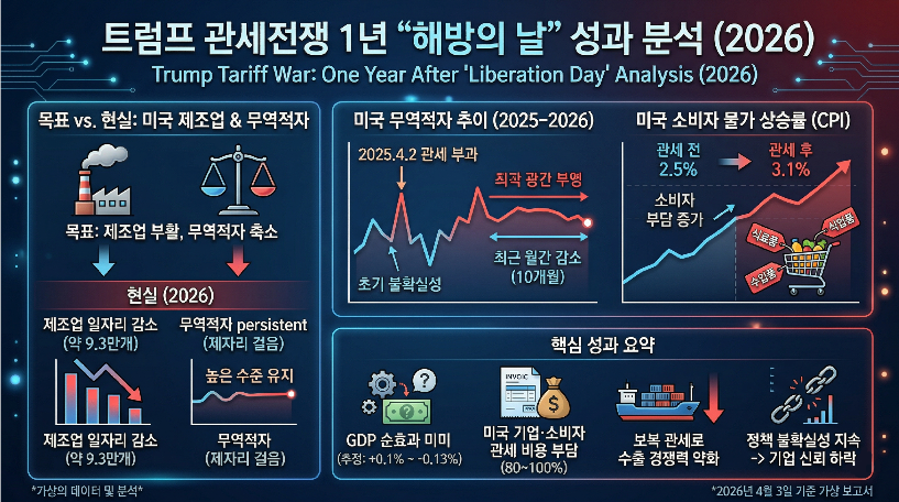 트럼프 관세전쟁 1년 해방의 날 미국 무역적자 확대 물가 상승 성과 분석 2026