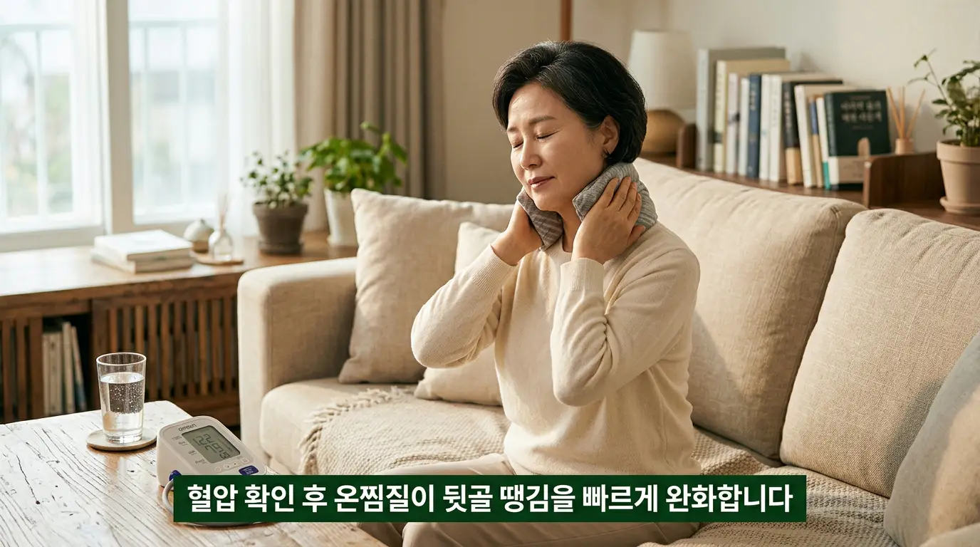뒷골이 땡기는 증상 혈압측정 온찜질 목스트레칭 수분섭취 완화법