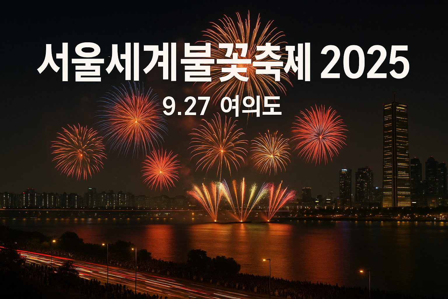 여의도 한강 위로 펼쳐진 대형 불꽃과 63빌딩 실루엣, 서울세계불꽃축제 2025 메인 장면