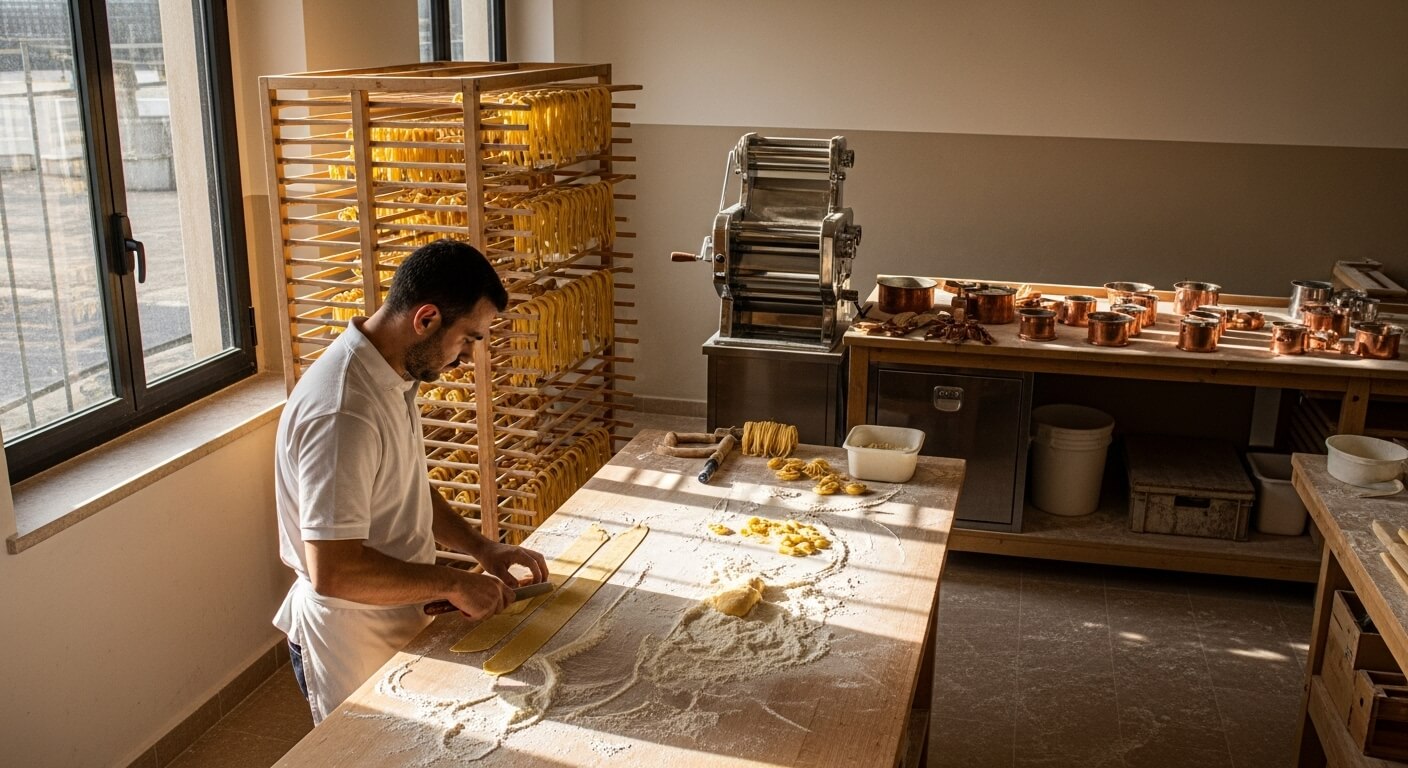 이탈리아 안코나의 필로테아(Filotea) 공방에서 장인이 태그리아텔레(tagliatelle)를 손으로 자르고 있는 모습. 창가로 따뜻한 햇살이 들어오고, 목제 작업대 위에는 밀가루와 구리 냄비가 놓여 있으며 전통 방식의 수제 파스타 건조대가 배치된 장인의 작업 공간.