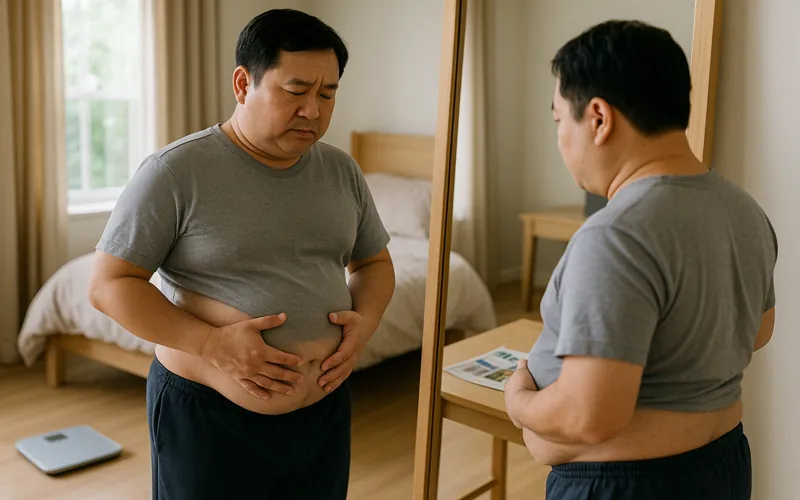 복부비만으로 고민하는 40대 남성의 모습