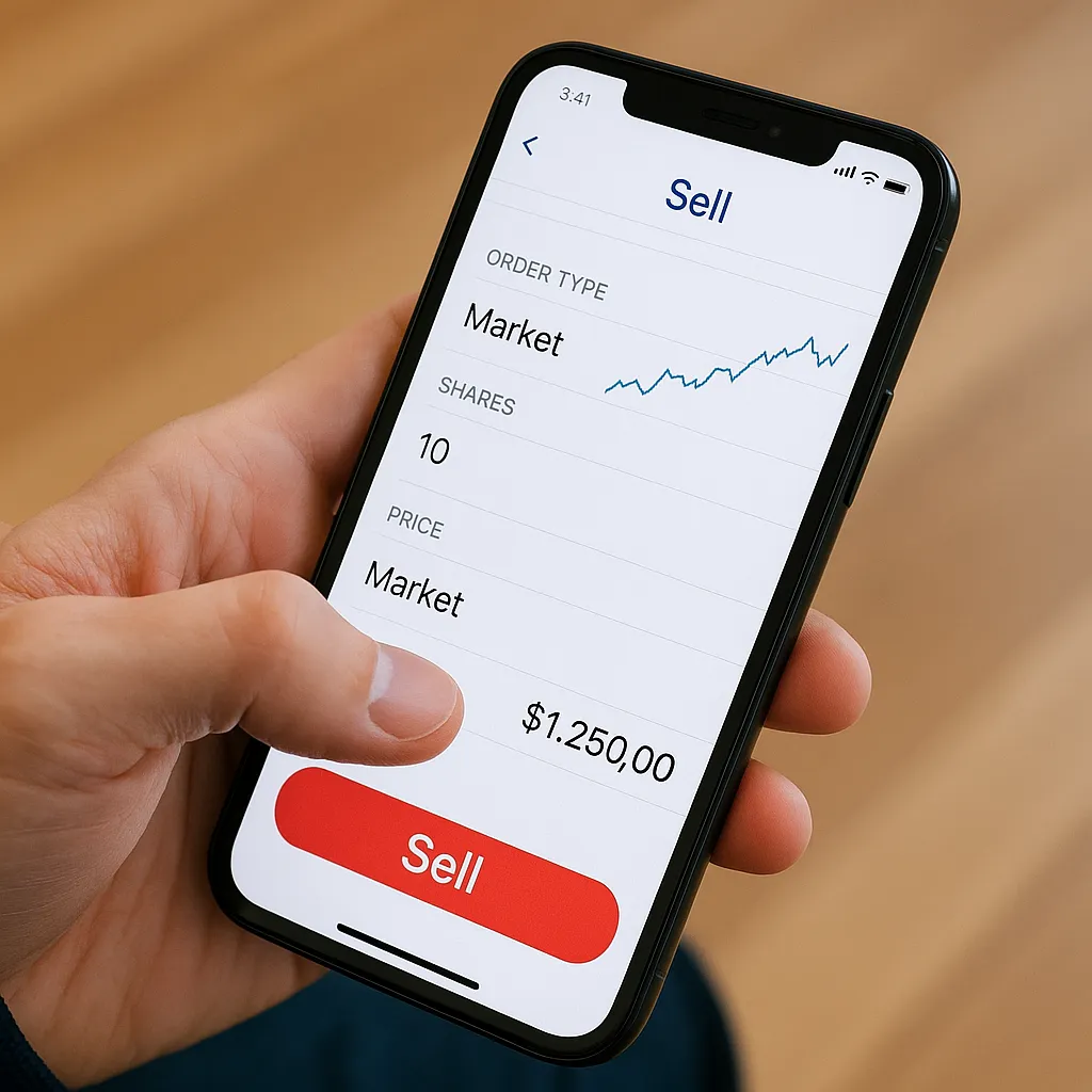 주식 앱에서 매도 주문을 입력하는 손의 클로즈업
