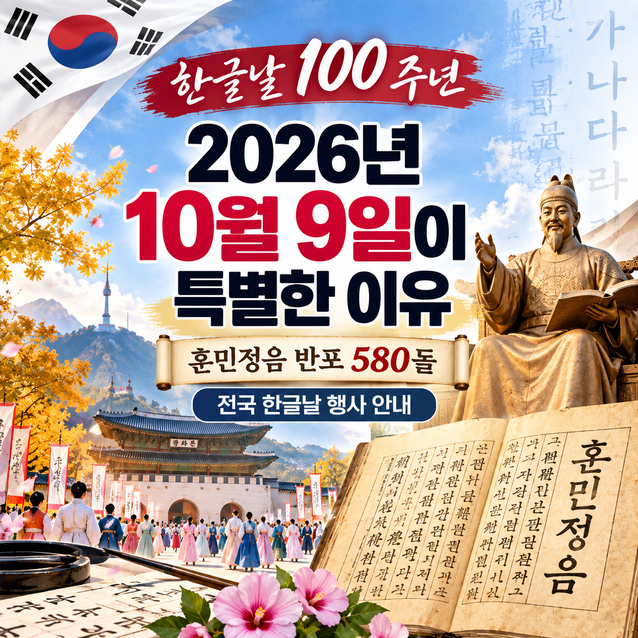 한글날 100주년, 2026년 10월 9일이 특별한 이유 훈민정음 반포 580돌과 행사 안내