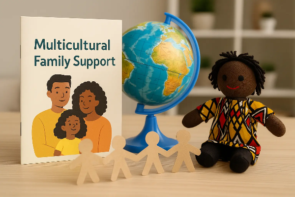 ‘Multicultural Family Support’ 북릿, 지구본, 종이인형 체인, 아프리카풍 인형이 함께 놓인 테이블 위의 따뜻한 분위기의 구성 이미지, 텍스트 없음