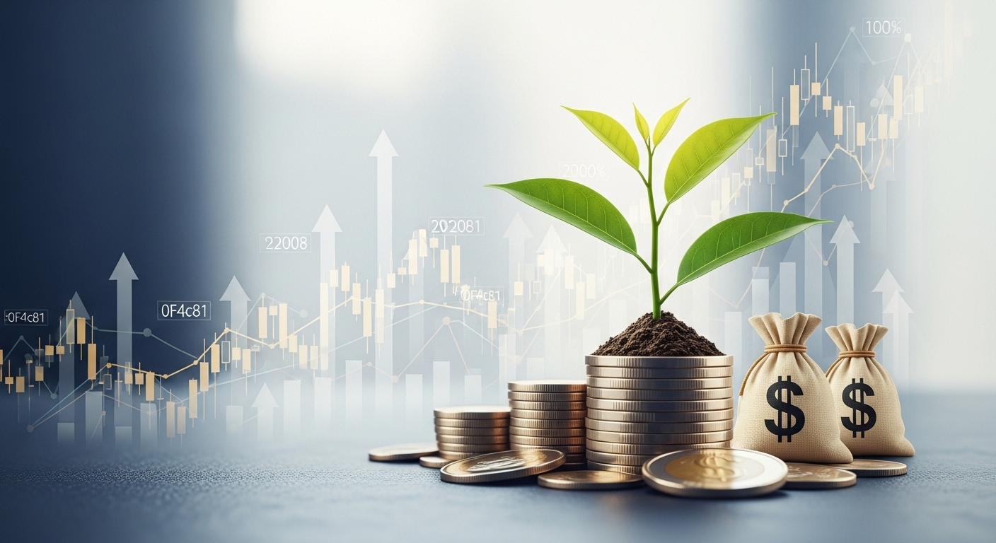 2025년 금리 인하 기대를 배경으로 배당 성장주 투자를 통해 성장하는 자산을 상징하는 금융 이미지. 코인 위에 자라나는 식물과 주식 차트가 보이며 안정적인 장기 투자를 암시함.