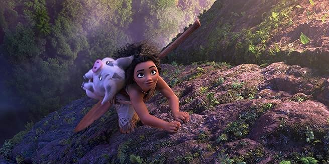 Moana climbing a rocky cliff with Pua the pig on her back in Moana 2