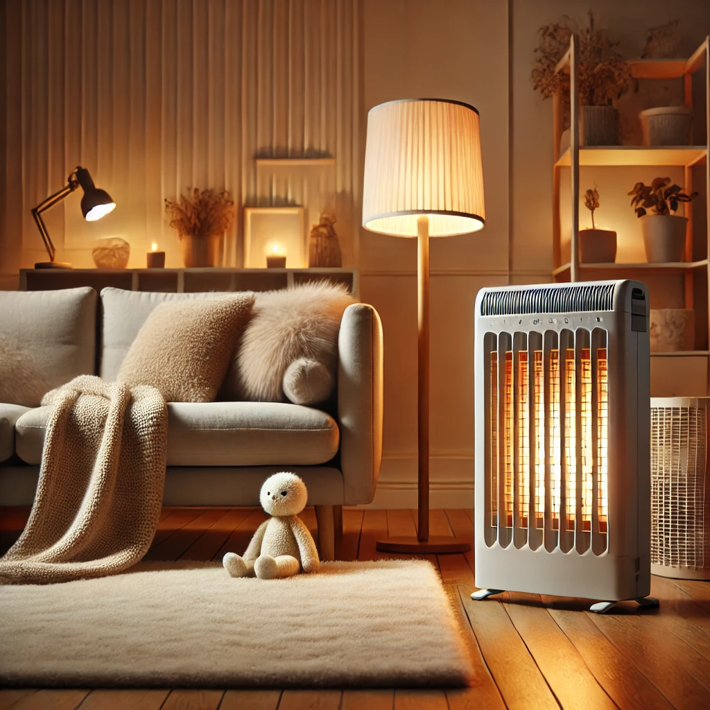 겨울철 히터와 아늑한 실내 공간을 묘사