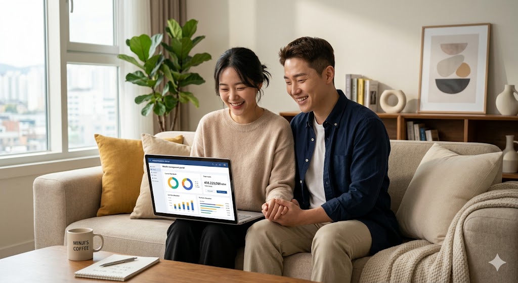 따뜻하고 아늑한 거실을 배경으로, 소파에 나란히 앉아 태블릿 PC의 자산 포트폴리오를 함께 검토하며 환하게 웃고 있는 행복한 30대 한국인 부부의 모습. 두 사람은 신뢰와 안도감이 묻어나는 표정으로 서로의 손을 잡고 있으며, 계획적인 저축과 투자를 통해 경제적 안정과 미래의 꿈을 실현해 나가는 부부의 건강한 라이프스타일을 담아낸 고해상도 8k 사진.