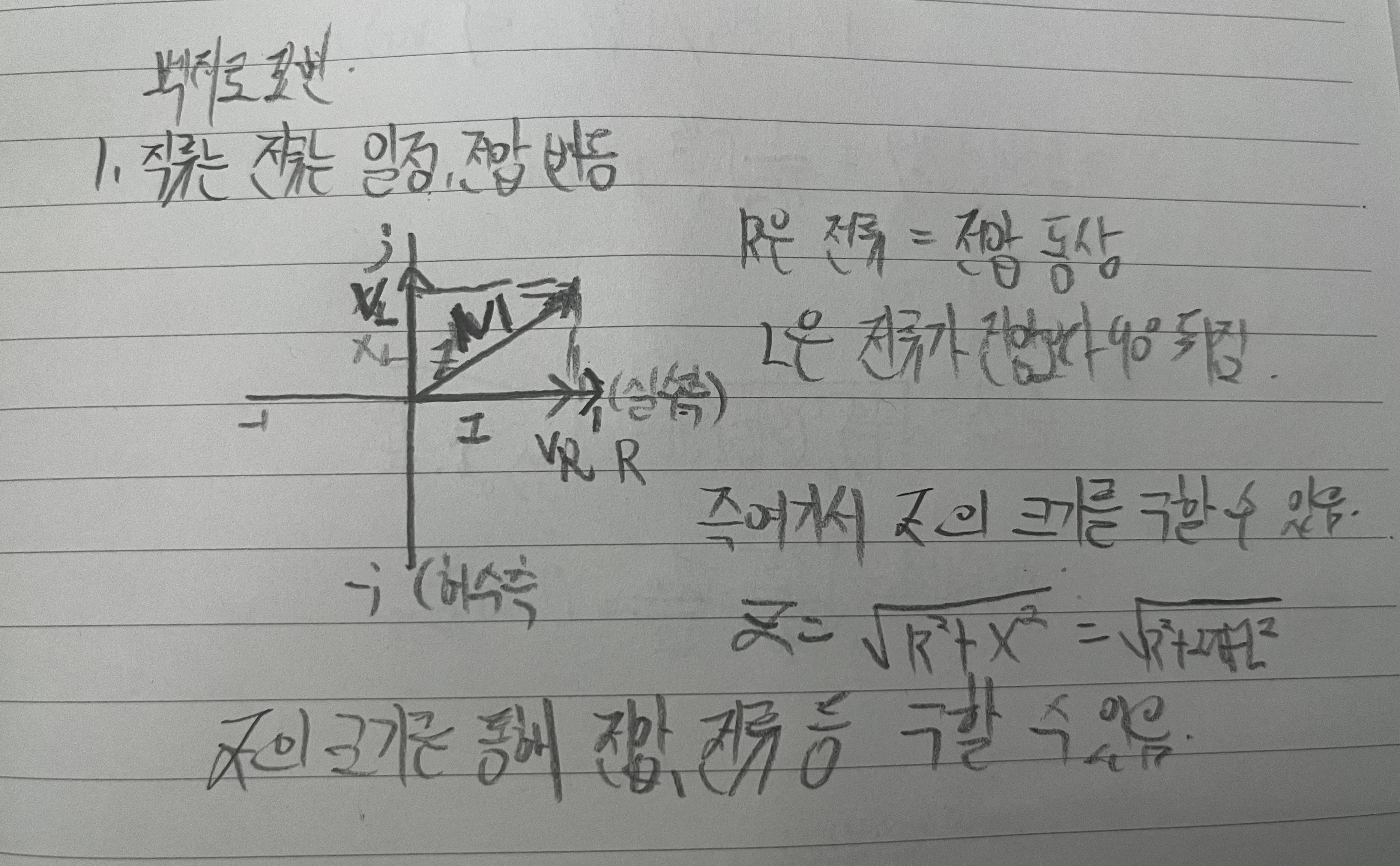 R-L 회로를 백터로 표현했음을 보여줍니다.
1. 직류는 전류는 일정, 전압은 변동이라는 전제로 복소평면에 그래프를 그렸습니다.
여기서 R은 전류 = 전압 동상
L은 전류가 전압보다 90도 뒤진 지상전류임을 알려주며

실수측 1에 I와, R을 표현, 90도 앞선 허수측 'j측에 XL을 표현했습니다.
이에 따라 파생되는 가운데 크기 Z를 피타고라스 정리로 구할 수 있음을 알려주며
I와 크기 R 사이에 발생되는 위상차를 tan 삼각함수를 이용해서 구할 수 있습니다.