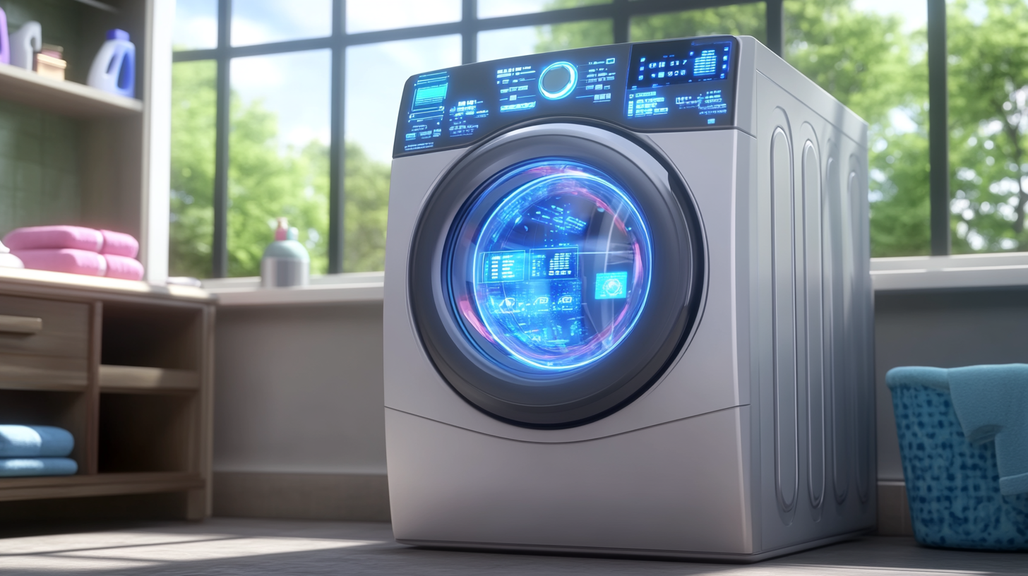 미래지향적인 세탁실에서 디지털 인터페이스가 빛나는 울트라-모던 AI 세탁기가 스마트한 제어 기능을 제공하고 있습니다. 커다란 창문으로 들어오는 자연 채광이 실내를 환하게 비추고 있습니다.