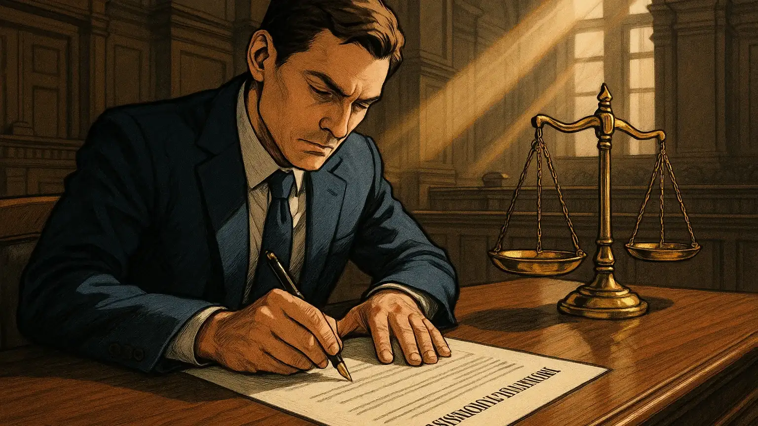처벌불원서 작성 모습과 법정 저울 이미지가 조화를 이루며 법적 공정성을 나타내는 이미지
