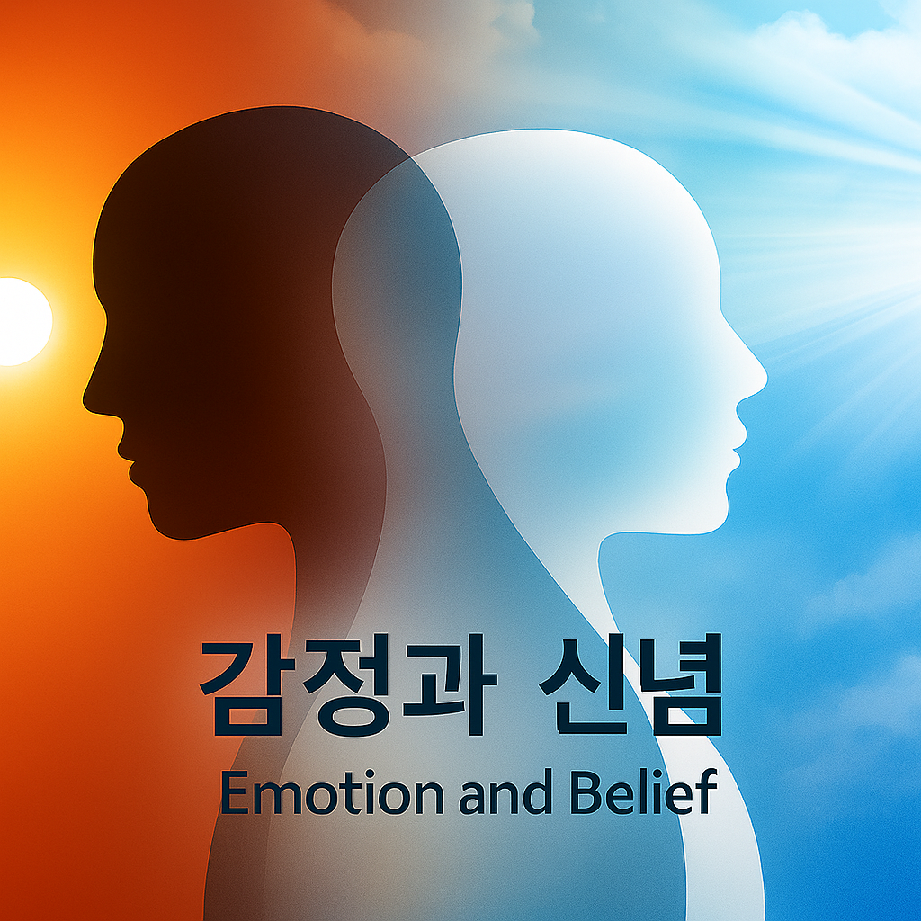 "서로 겹쳐진 두 사람의 옆모습, 어두움과 밝음의 대비로 표현된 내면의 이중성"