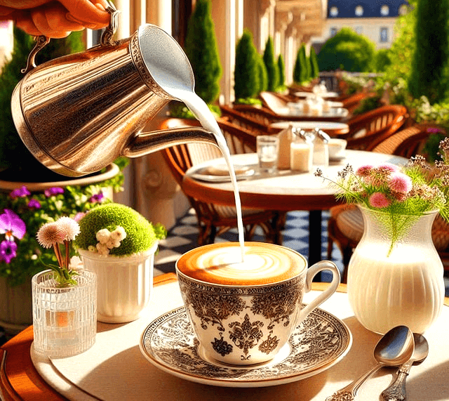 카페 안 식탁으로 식탁 위에는 카페라떼와 꽃병이 있다. 웨이터 손이 은색 주전자를 들고 커피잔 안에 우유를 따른다.