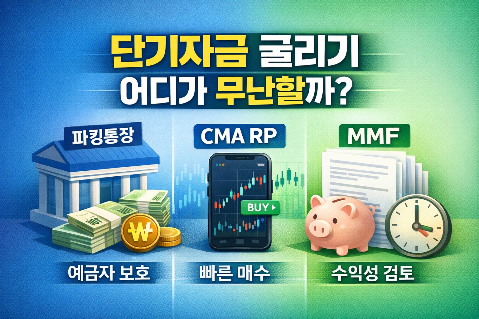파킹통장 vs CMA RP vs MMF 단기자금 비교 썸네일, 예금자보호와 투자 대기자금 활용 차이를 정리한 이미지