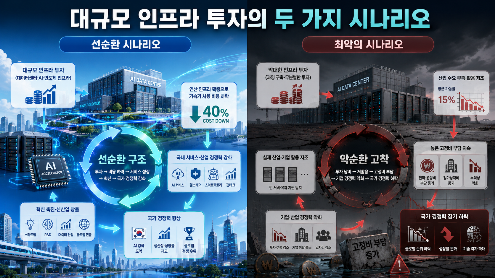 대규모 인프라 투자의 두 가지 시나리오를 다루는 이미지