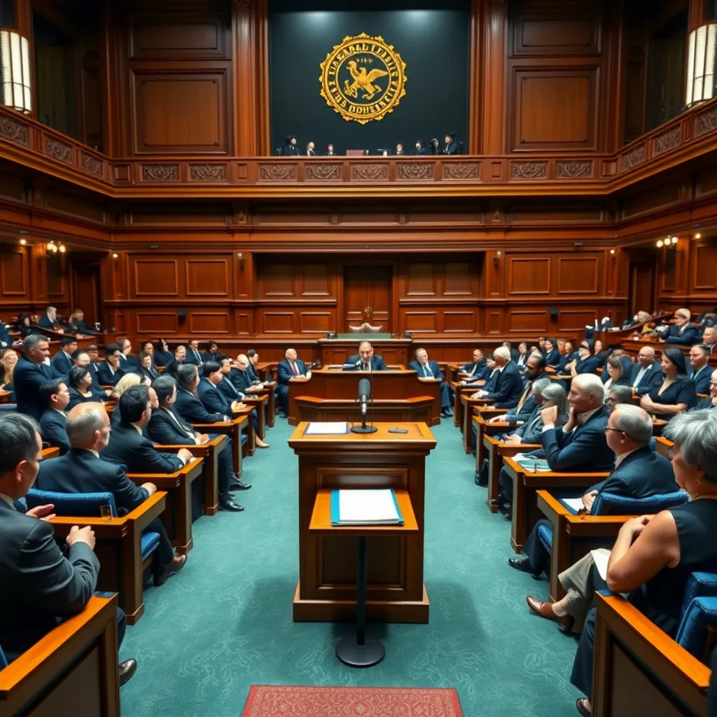 웅장한 국회의사당 내부, 푸른색 방석에 앉아 진지하게 토론하는 의원들의 모습이 보입니다. 중앙에는 마이크가 놓인 연단이 있고, 뒤쪽에는 법안 문서가 살짝 보이도록 연출합니다. 엄숙하고 진지한 분위기입니다.