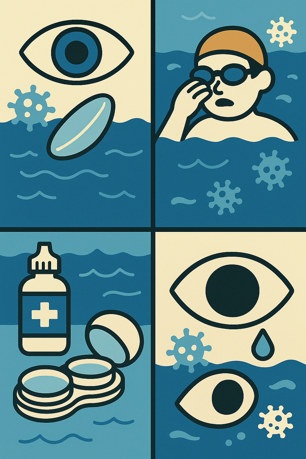 파란색과 베이지색 톤으로 구성된 4컷 인포그래픽.
(좌측 상단) 큰 눈과 콘택트렌즈가 물 위에 떠 있고, 세균 아이콘이 함께 배치됨.
(우측 상단) 물 속에서 수경을 낀 수영자가 눈을 만지며 불편해하는 모습. 주변에 세균 아이콘이 떠다님.
(좌측 하단) 렌즈 세정액 병과 렌즈 보관 케이스가 물 위에 놓여 있는 모습.
(우측 하단) 눈에서 눈물이 흐르는 아이콘과 함께 세균 아이콘이 주변에 배치된 장면.