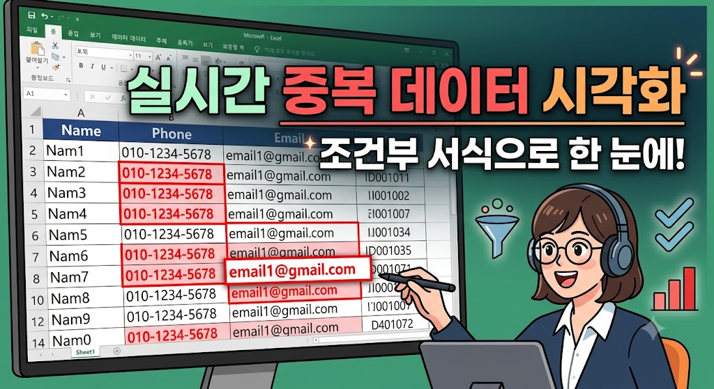 엑셀 조건부 서식 셀 강조 규칙에서 중복 값을 선택하여 색상으로 강조하는 화면