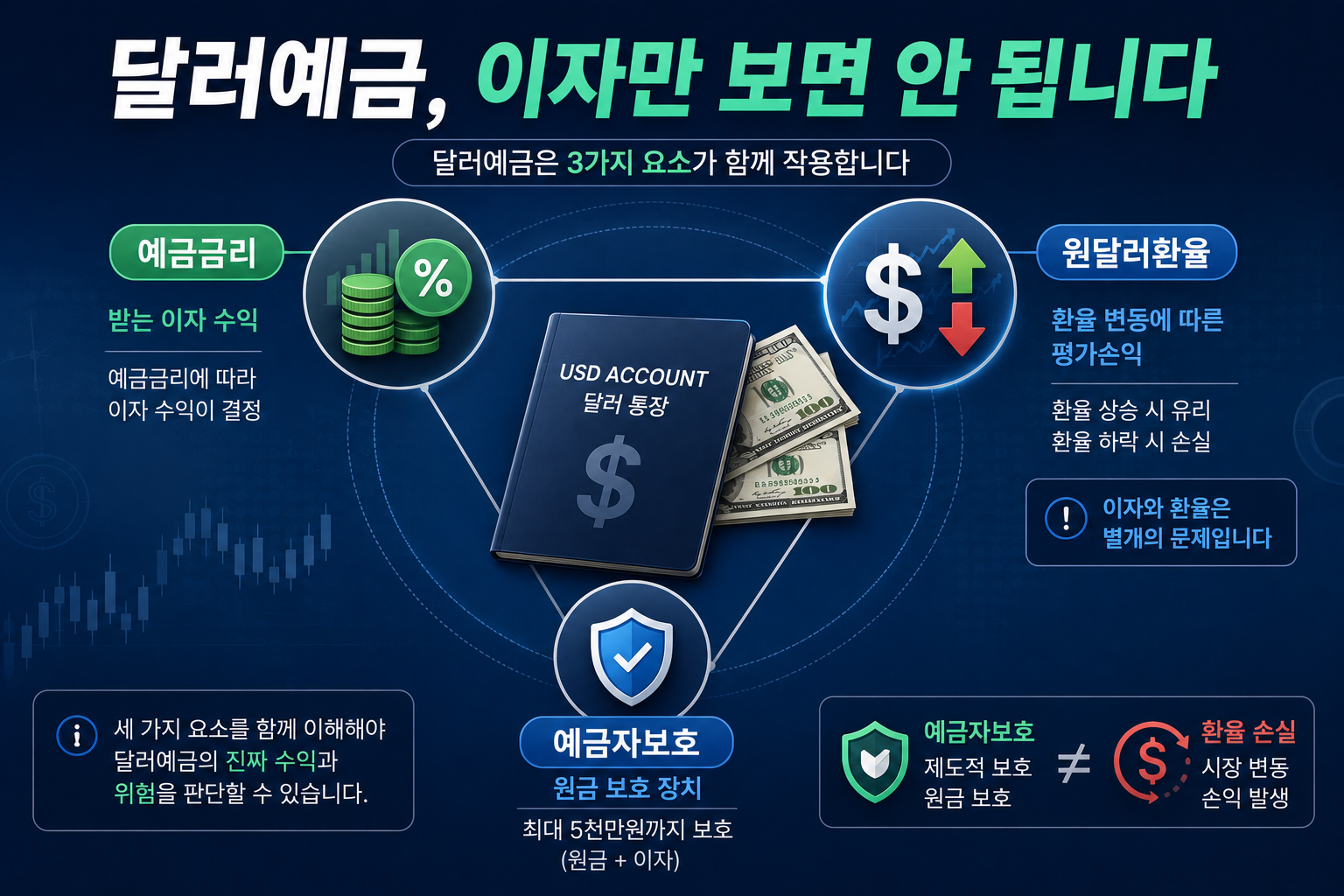 달러예금 투자 시 예금금리 원달러환율 예금자보호를 함께 확인해야 한다는 이미지