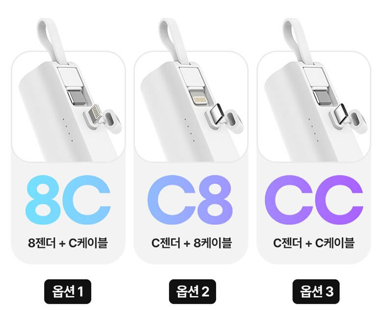 도킹형보조배터리의 젠더와 케이블 3가지 옵션