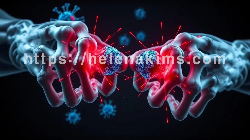 인체 관절 손가락 마디, 관절 활막 주변으로 푸른빛 면역 세포들이 스스로를 공격하는 듯한 모습.