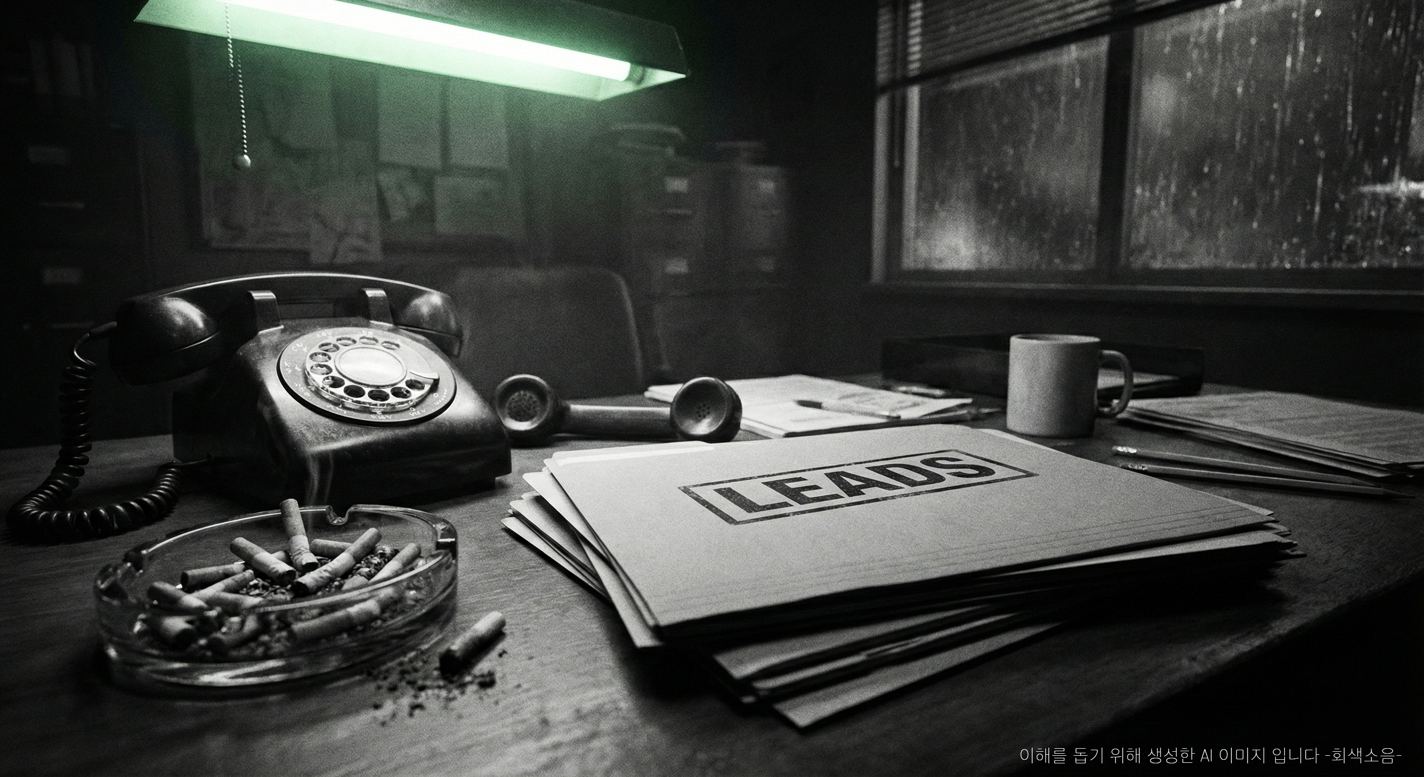 어지러운 사무실 책상 위에 수화기가 내려앉지 않은 전화기와 꽁초 가득한 재떨이, ‘LEADS’라고 적힌 서류철이 강한 형광등과 빗빛에 대비되어 놓인 긴장감 있는 장면.