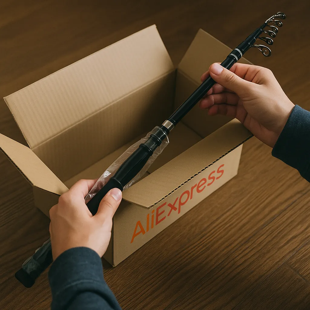 알리익스프레스 낚시대 포장을 개봉하는 장면