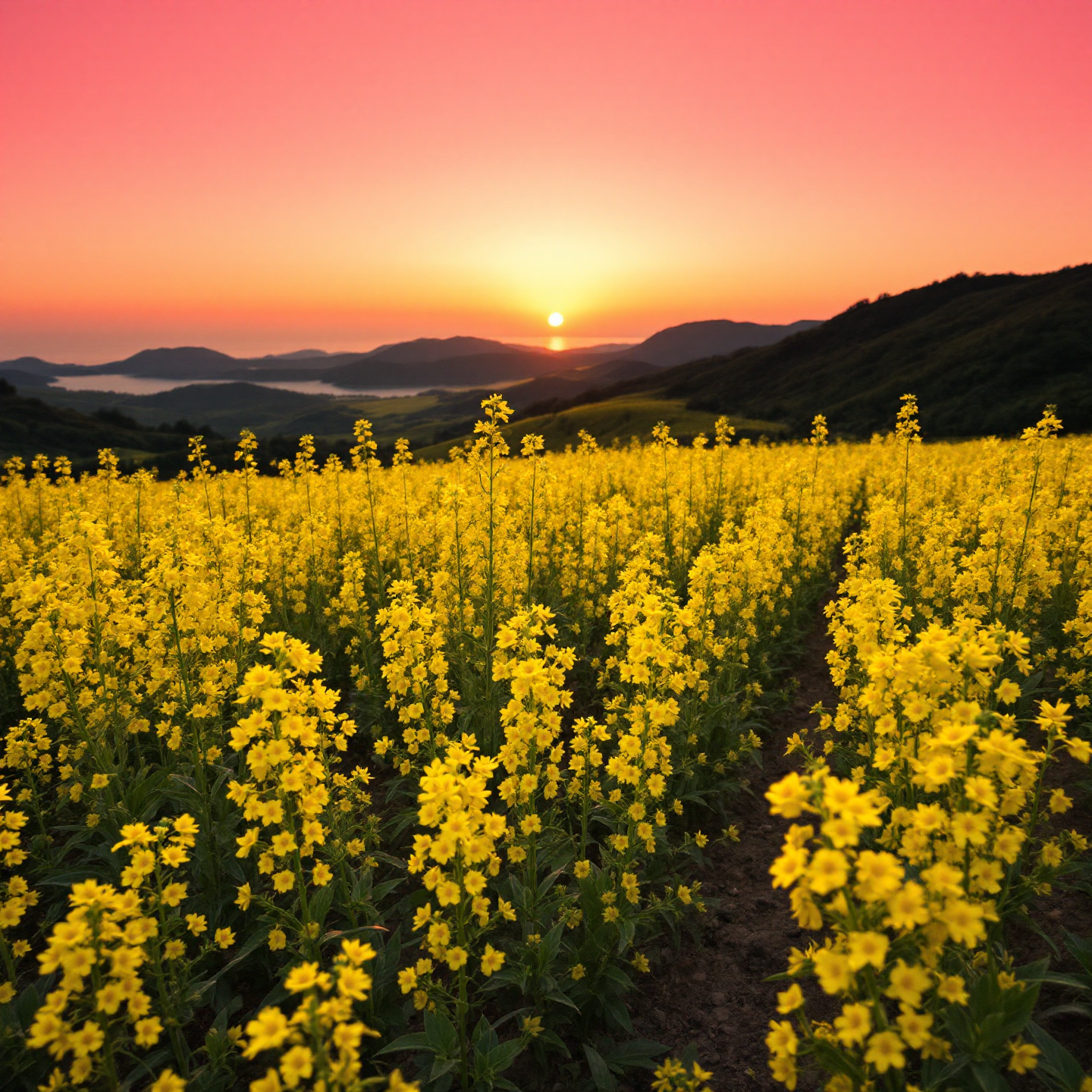 노을지는 배경에 유채꽃밭 이미지