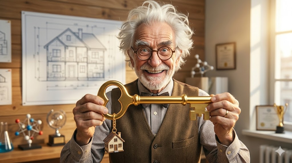 황금빛 아파트 열쇠를 당당하게 들어 보이며 승리감에 도취해 활짝 웃고 있는 괴짜 교수의 모습. 배경에는 집 설계도가 보이며, 대출 장벽을 넘어 내 집 마련에 성공한 기쁨을 상징한다.