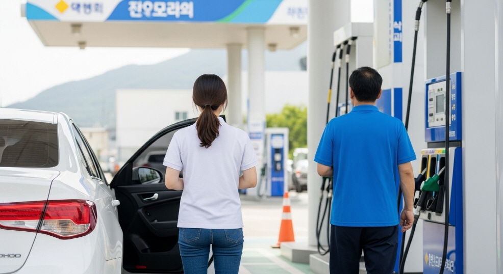 주유소에 진입하는 자동차와 뒷모습 남성