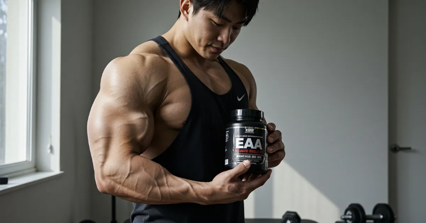 방안에서 EAA 보충제를 들고있는 근육 남성 이미지