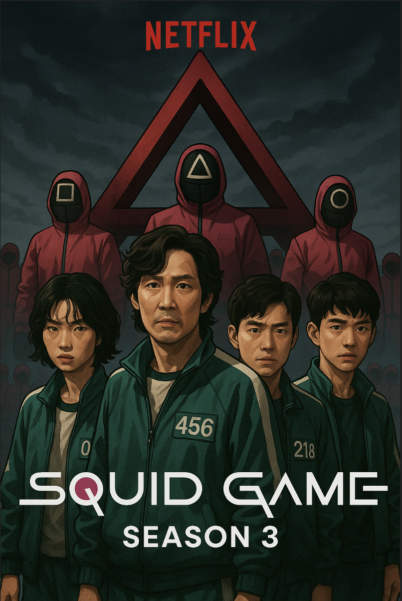 넷플릭스 오징어게임 시즌 3 주인공들과 핑크가드 포스터