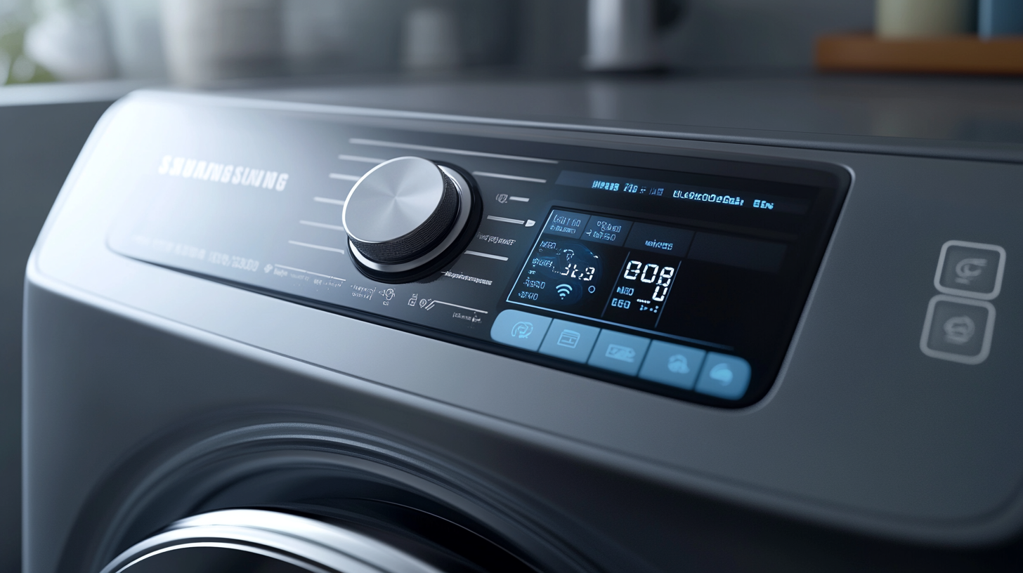 삼성 그랑데 세탁기의 디지털 디스플레이에 AI 세탁 모드가 나타난 디테일한 클로즈업