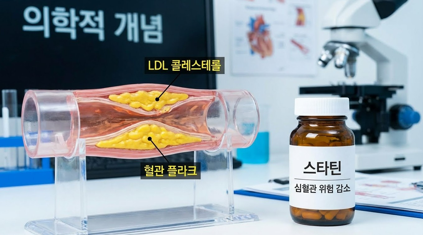 혈관에 LDL 콜레스테롤(나쁜 지방)이 쌓여 막히는 모습과 옆에 놓인 약통 사진