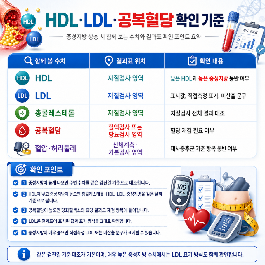 중성지방 상승 시 HDL, LDL, 총콜레스테롤, 공복혈당, 혈압과 허리둘레를 함께 확인하는 기준을 정리한 메디컬 인포그래픽