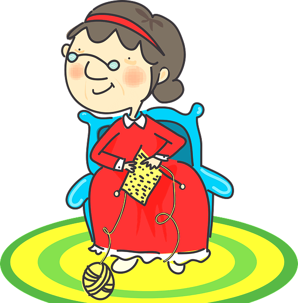 빨간 원피스를 입은 할머니가 파란 의자에 앉아 노란 털실로 뜨개질을 하고 있다. 그리고 옆으로 고개를 돌려 보이지 않지만 사돈에게 말을 건네고 있다.